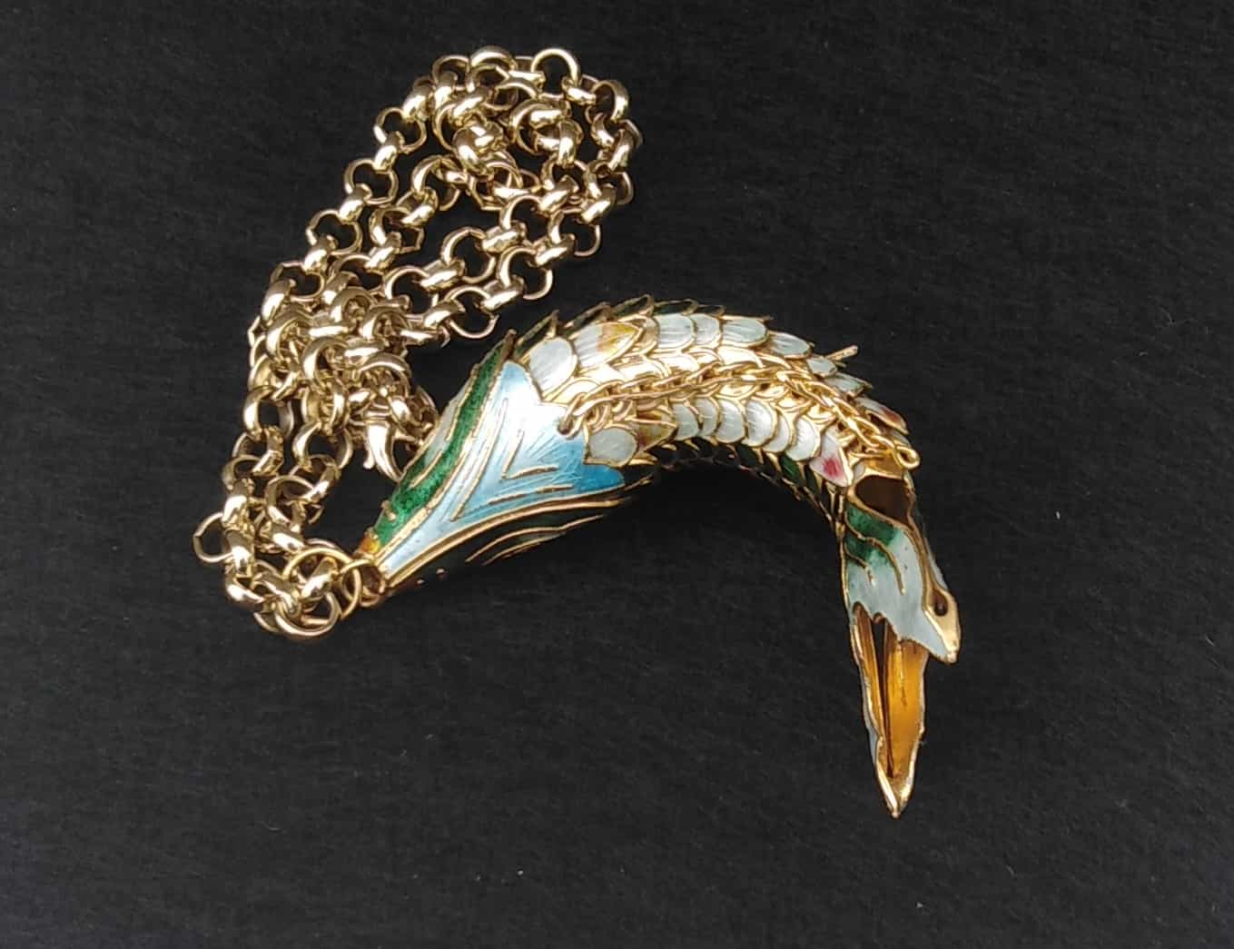Oversized Vintage 1970s Articulated Cloisonné Fish Statement Necklace | Huge 4” Koi Pendant, 18” Heavy Gold Plated Chain